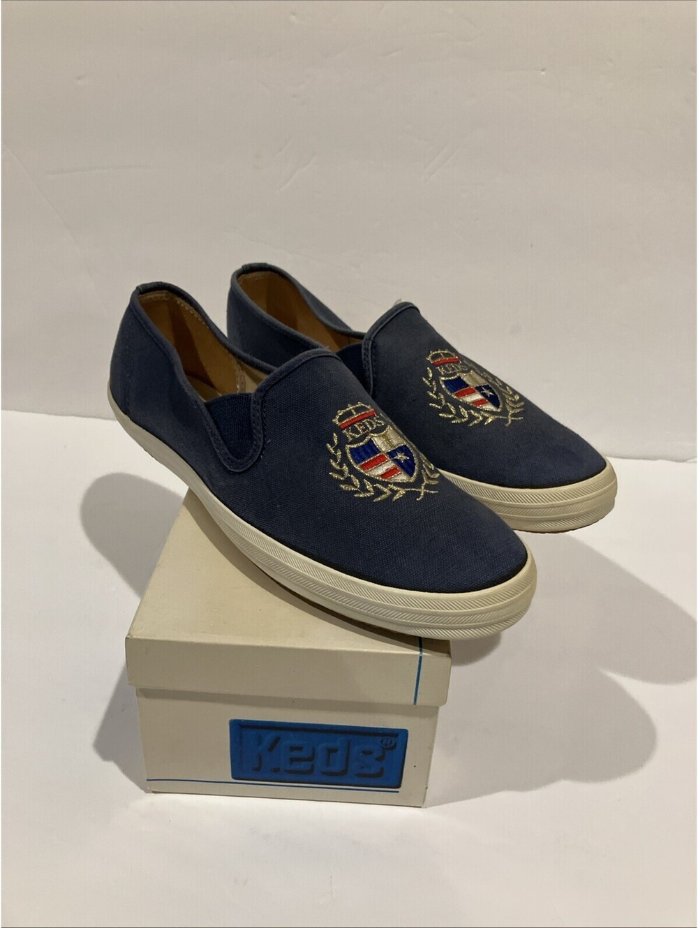 Vintage 80s Womens Keds 10M Slip on Shoes Flats Crest Nautical Boat Blue NEW